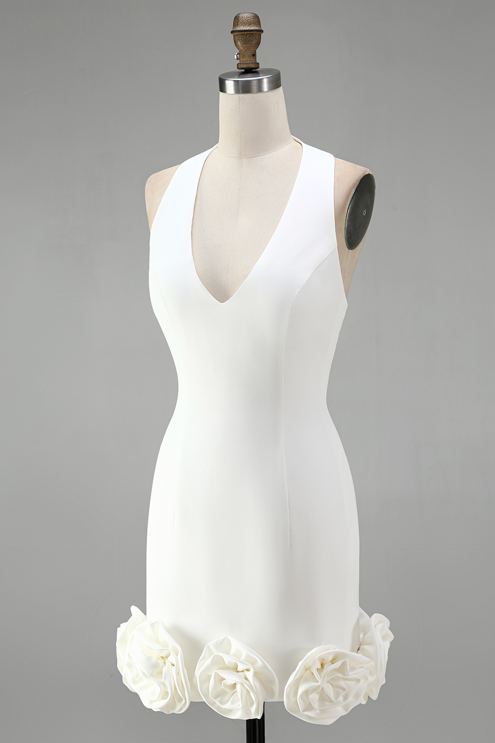 White Halter Neck Tight Short Bridal Shower Dress with 3D Flowers