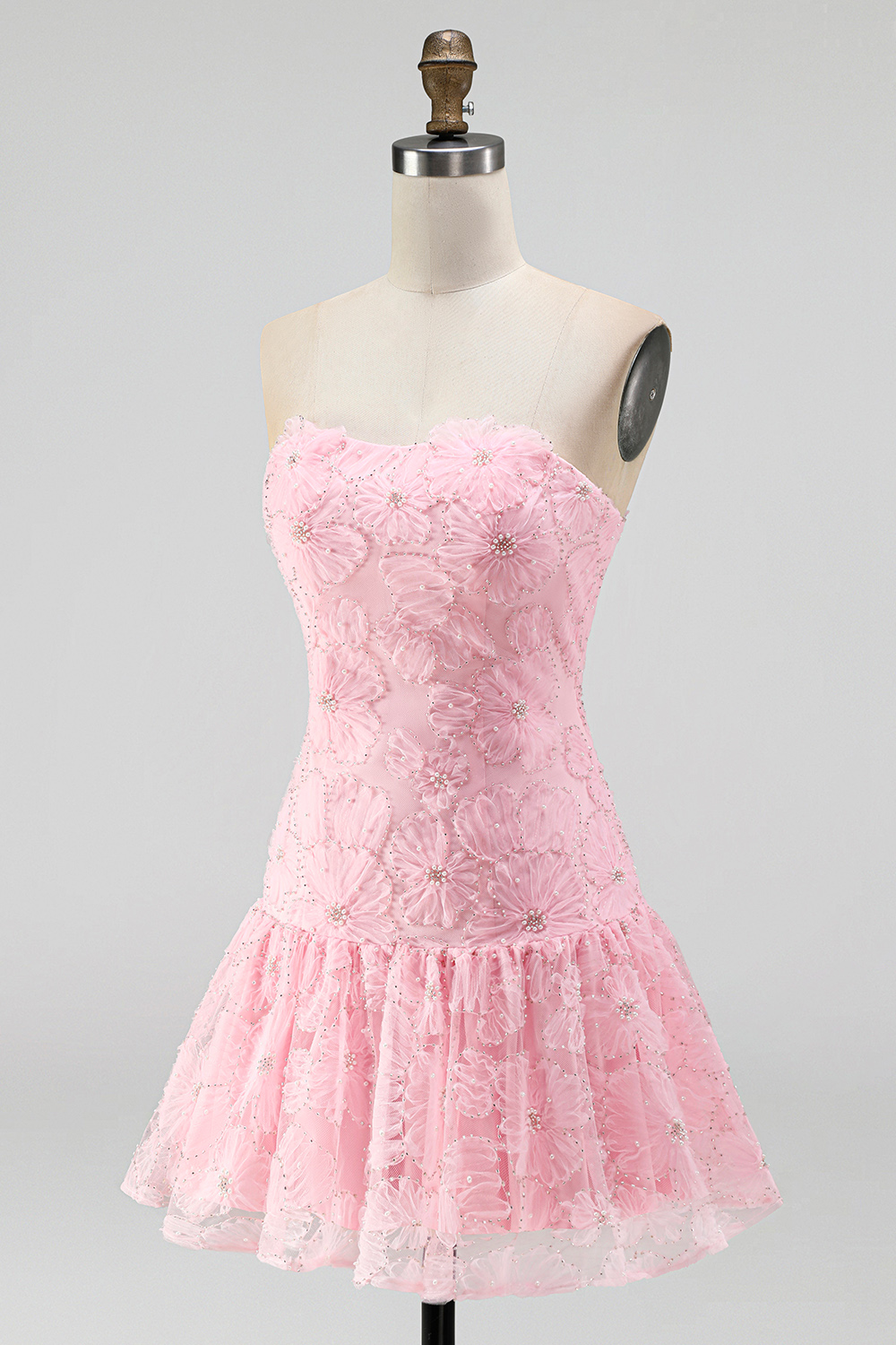 Floral Pink Beaded Short A-Line Homecoming Dress