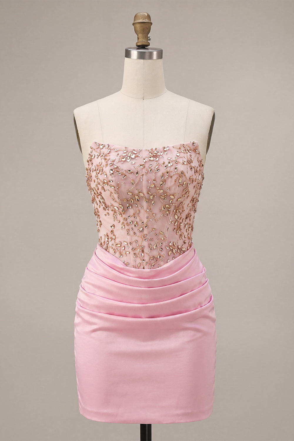 Sparkly Pink Corset Ruched Short Homecoming Dress with Rhinestones