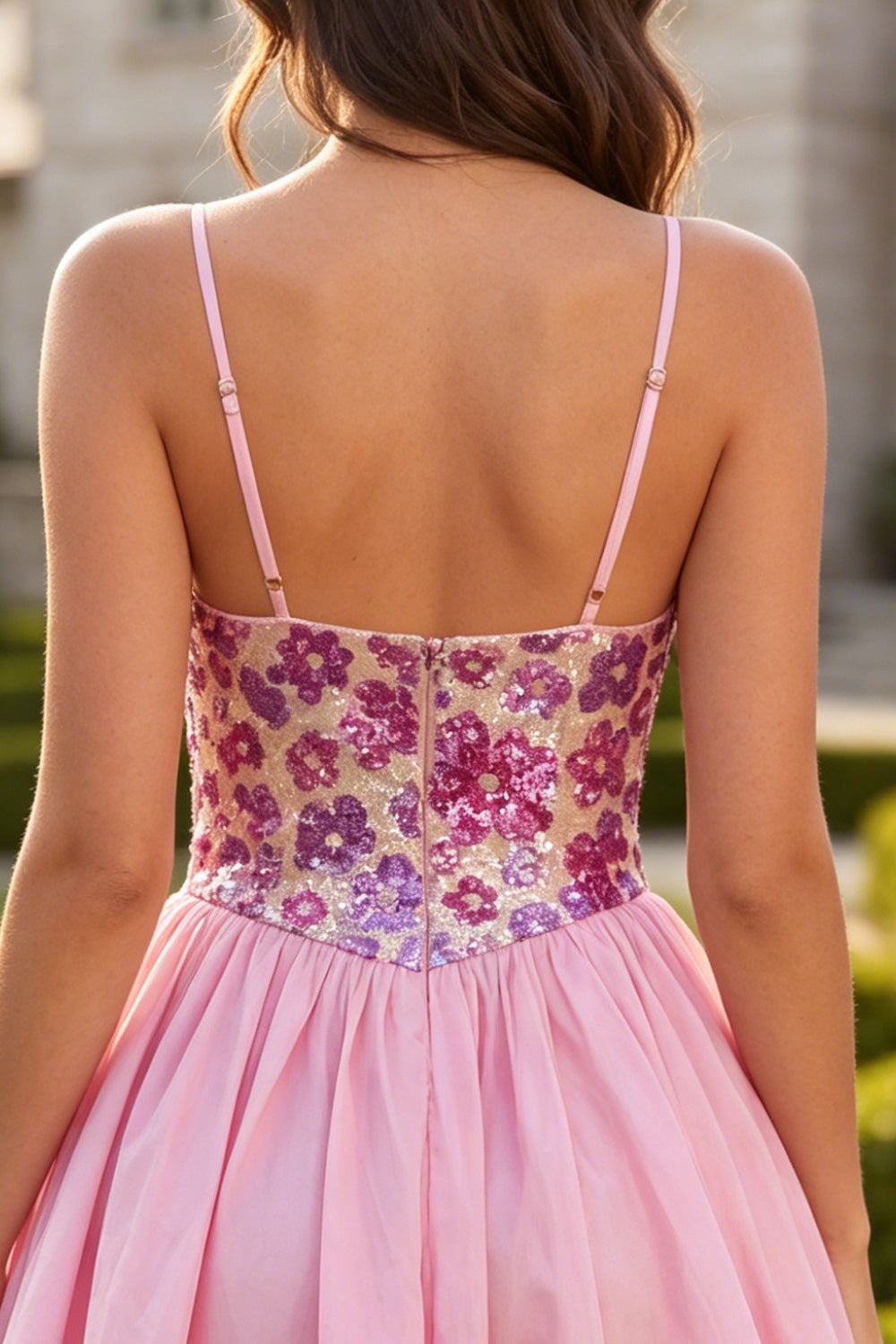 Sparkly Pink Floral Sequin A-Line Short Homecoming Dress