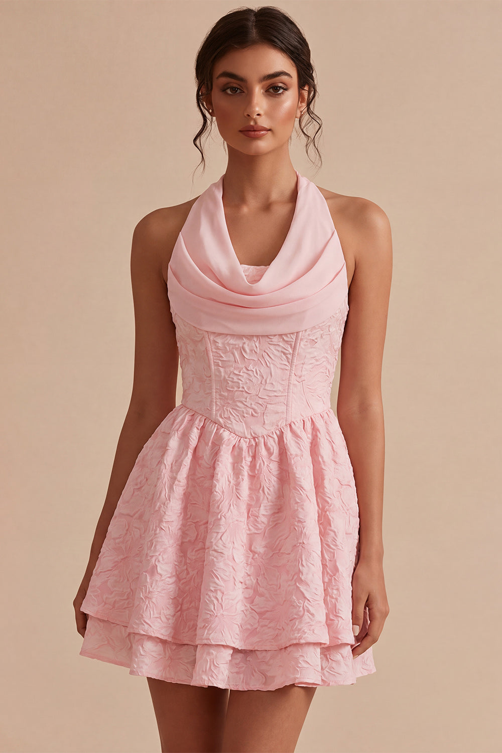 Floral Pink Halter Jacquard A-Line Short Homecoming Dress