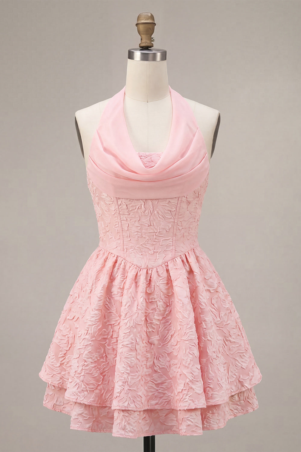 Floral Pink Halter Jacquard A-Line Short Homecoming Dress