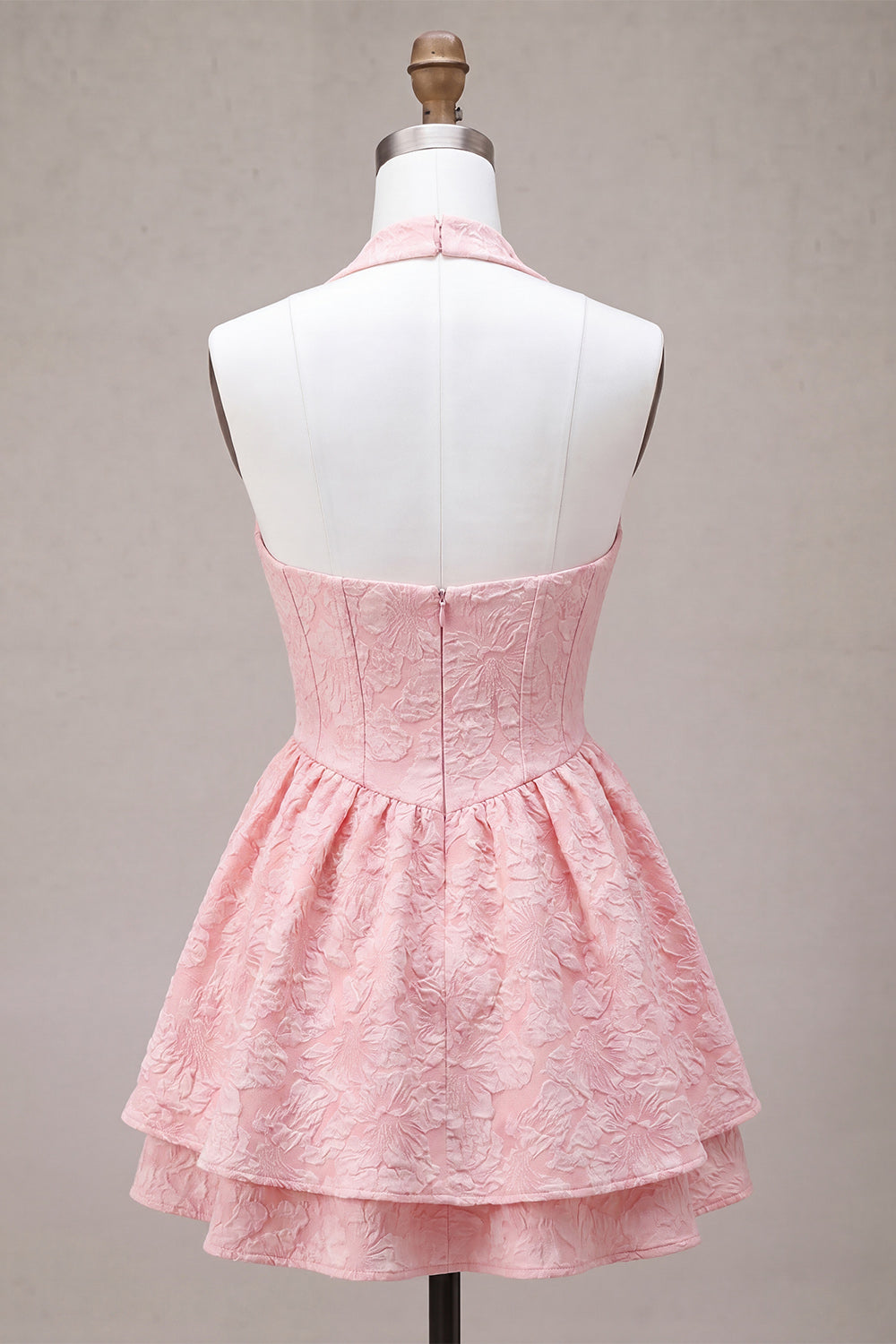 Floral Pink Halter Jacquard A-Line Short Homecoming Dress