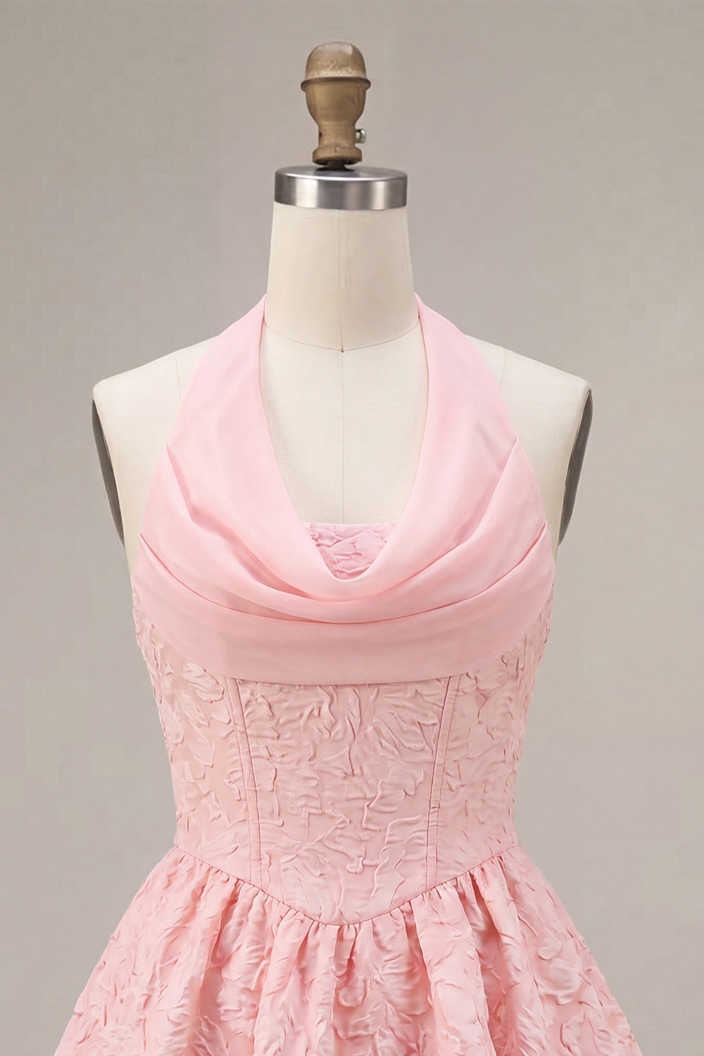 Floral Pink Halter Jacquard A-Line Short Homecoming Dress