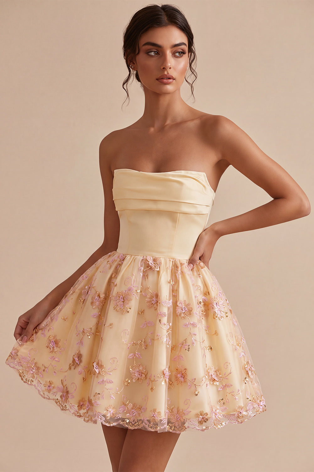 Sparkly Light Yellow Sequin Floral A-Line Short Homecoming Dress