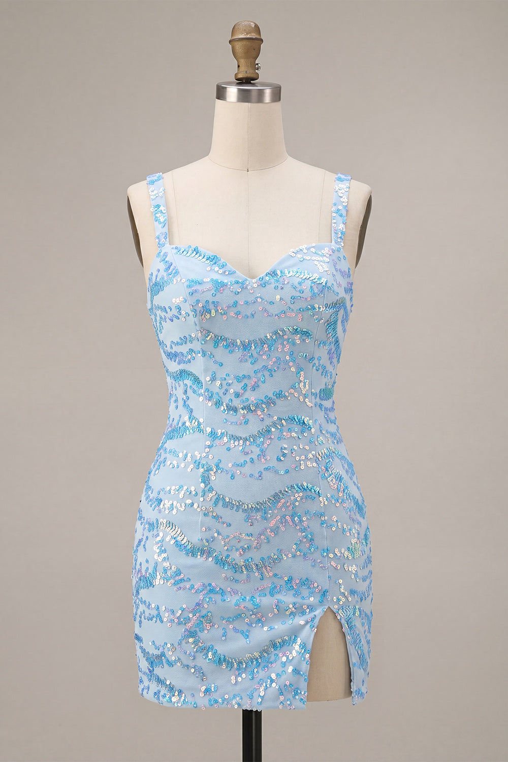Sparkly Sky Blue Sequin Short Tight Homecoming Dress with Slit