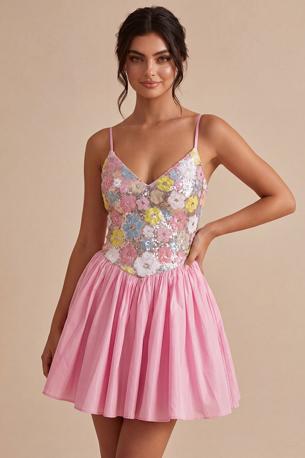 Sparkly Pink Floral Sequin A-Line Short Homecoming Dress