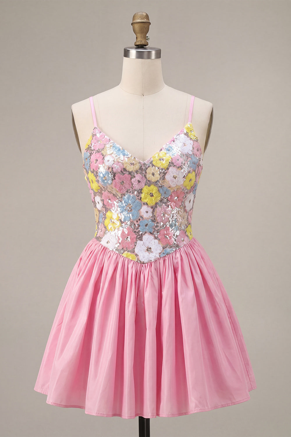 Sparkly Pink Floral Sequin A-Line Short Homecoming Dress