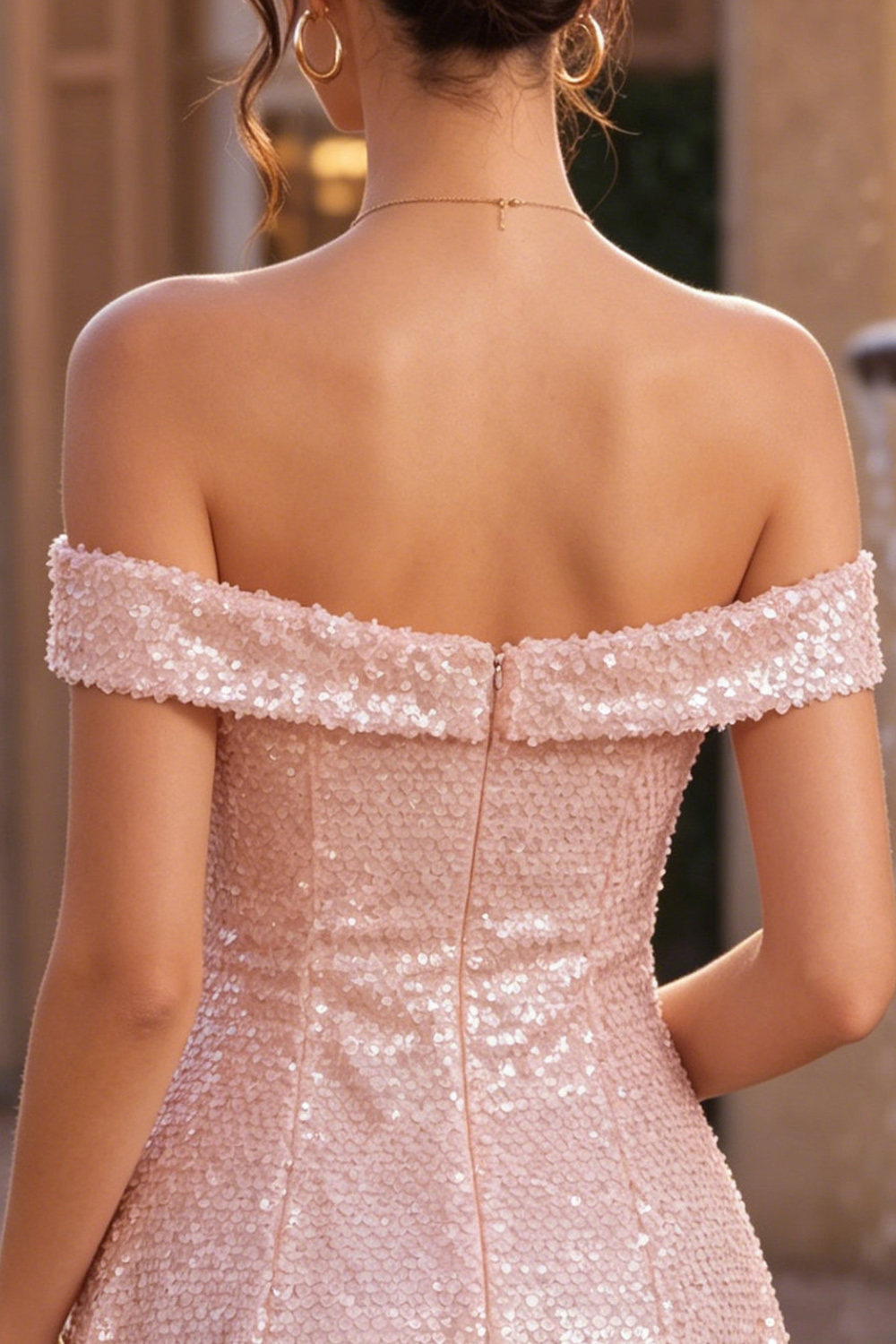 Pink Sparkly Sequin A-Line Off The Shoulder Short Homecoming Dress