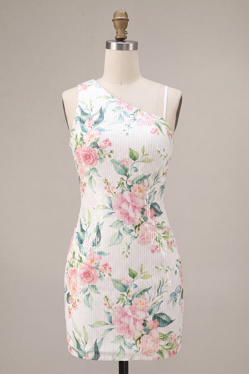White Flower Sequin Pink Asymmetrical Neck Tight Short Homecoming Dress