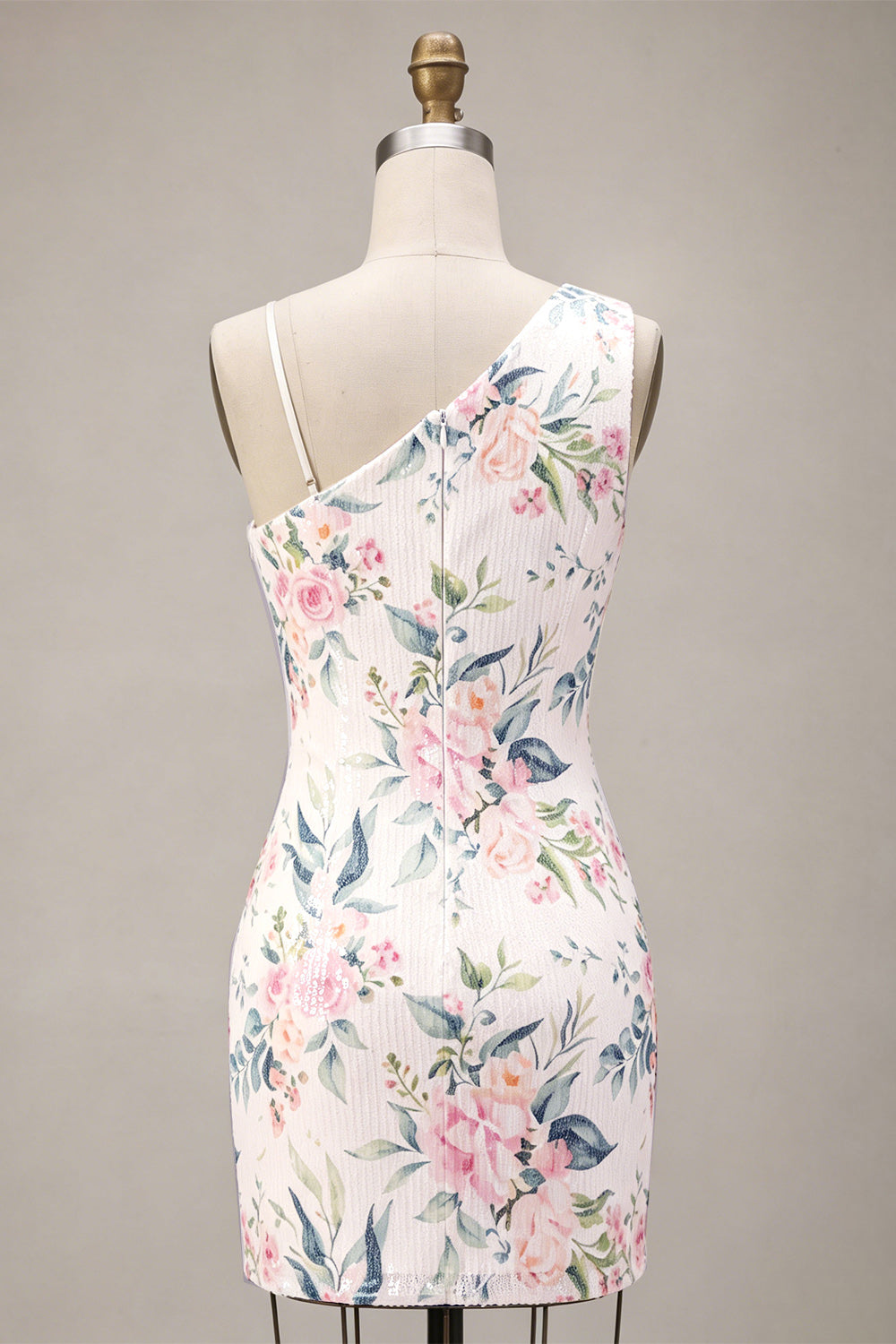 White Flower Sequin Pink Asymmetrical Neck Tight Short Homecoming Dress