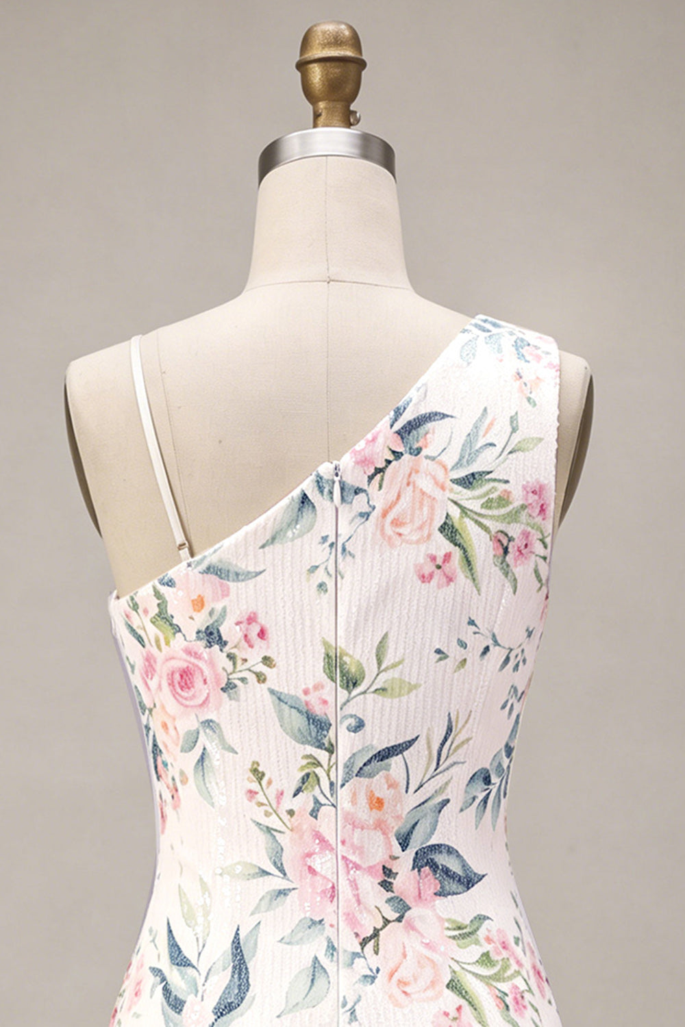White Flower Sequin Pink Asymmetrical Neck Tight Short Homecoming Dress