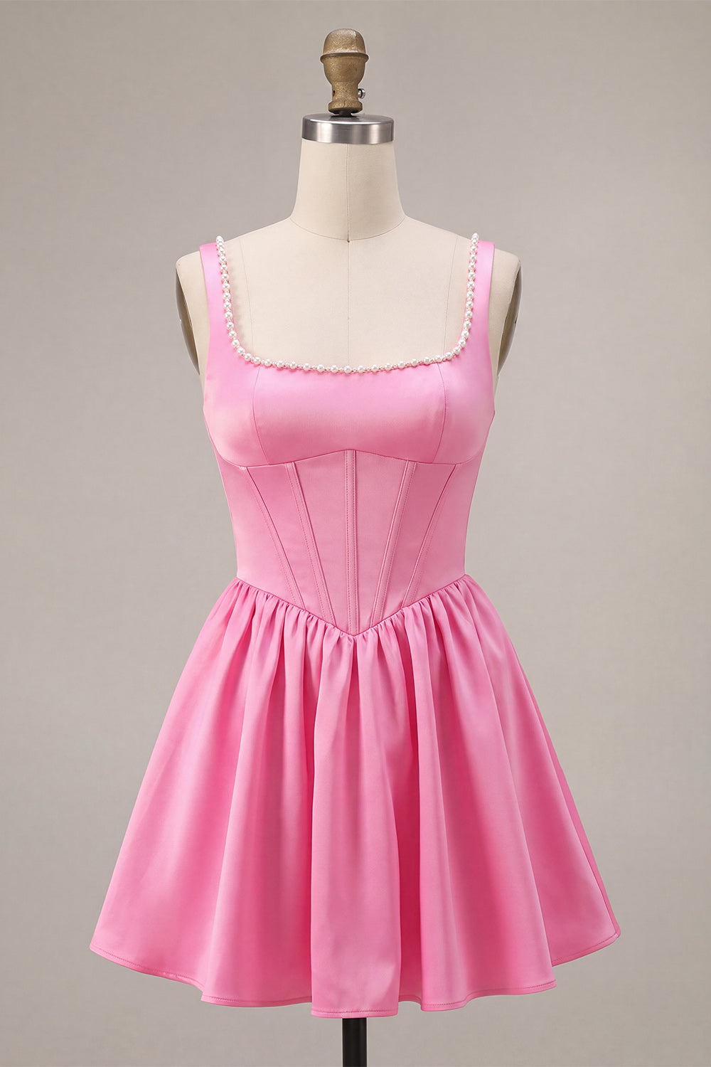 Pink Satin Corset Beaded A-Line Short Homecoming Dress