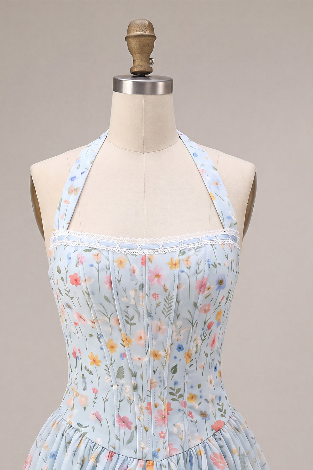 Sky Blue Floral Corset A Line Halter Short Homecoming Dress