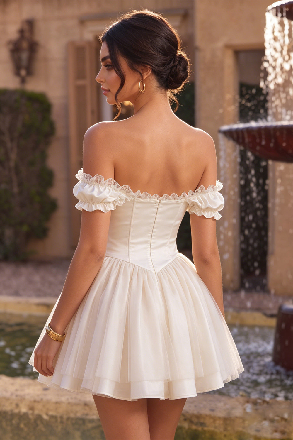 Ivory Ruffled Corset A Line Short Homecoming Dress with 3D Flower