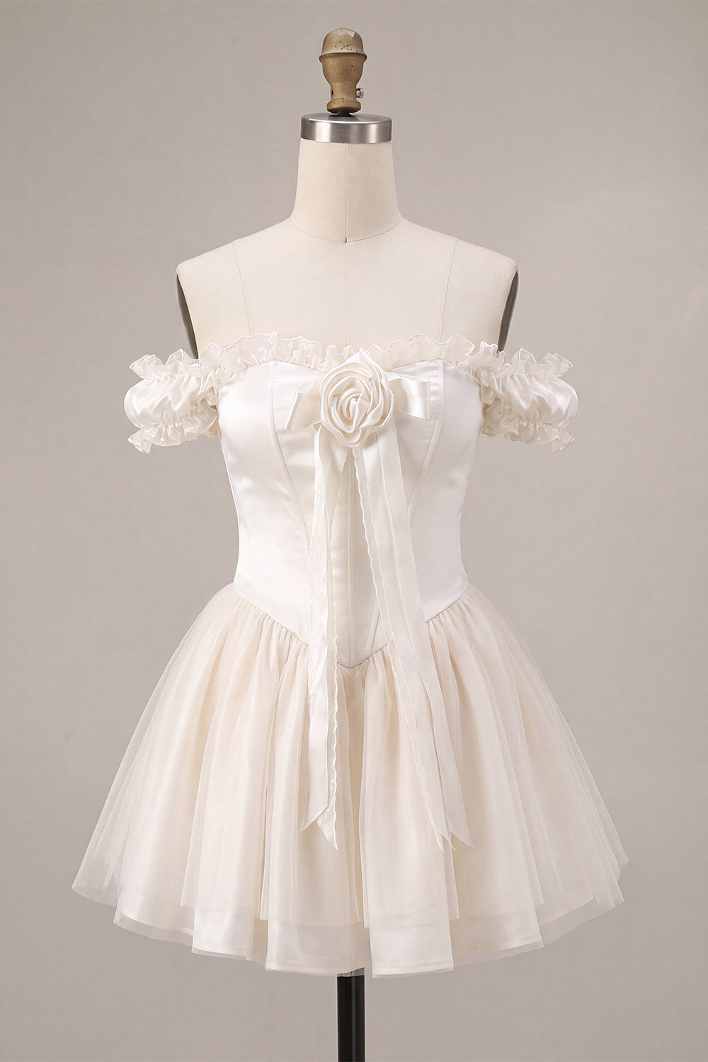 Ivory Ruffled Corset A Line Short Homecoming Dress with 3D Flower