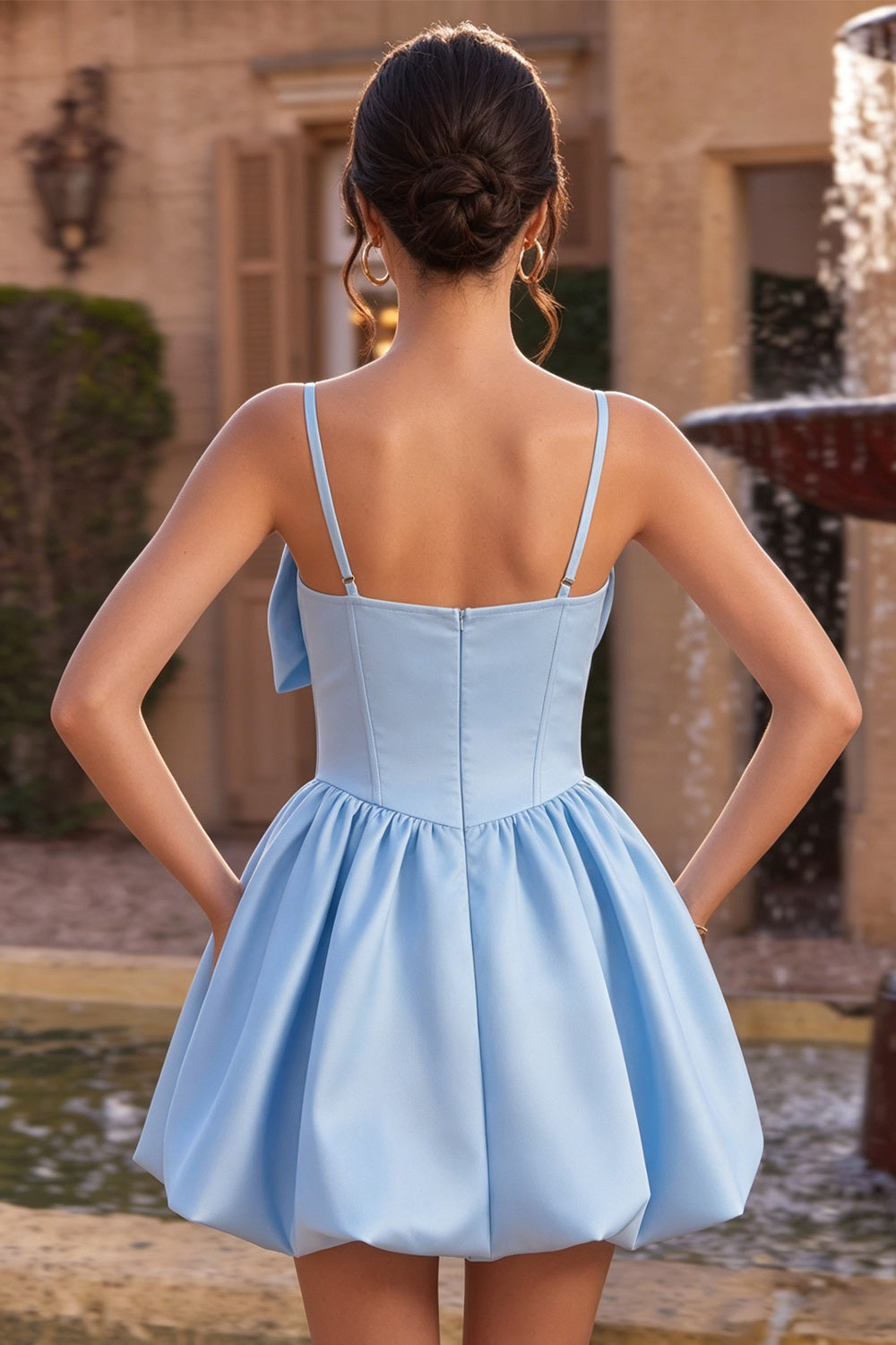 Sky Blue Satin Corset A Line Short Homecoming Dress with Bow