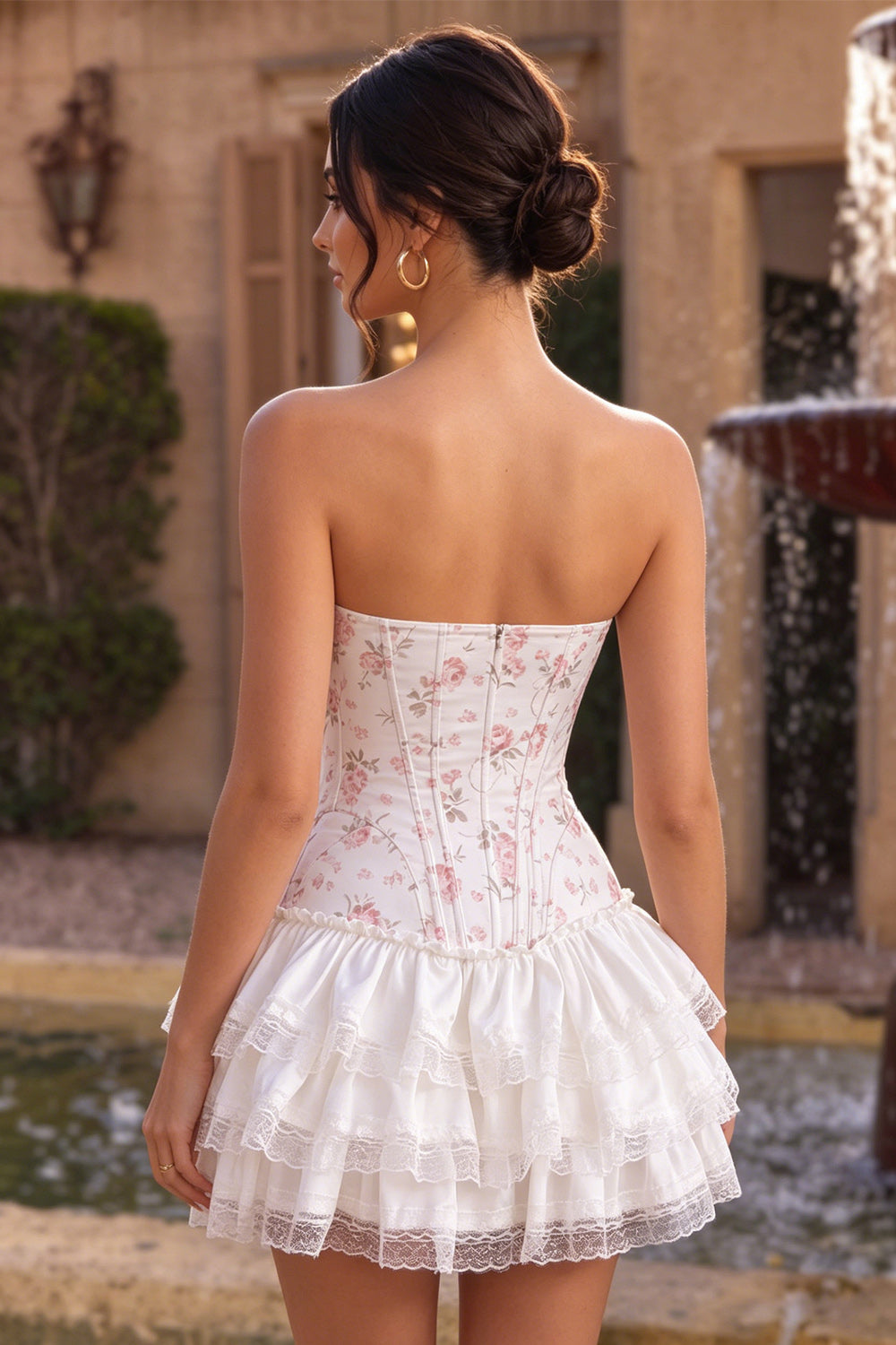 White Pink Flower Corset Strapless Short Homecoming Dress