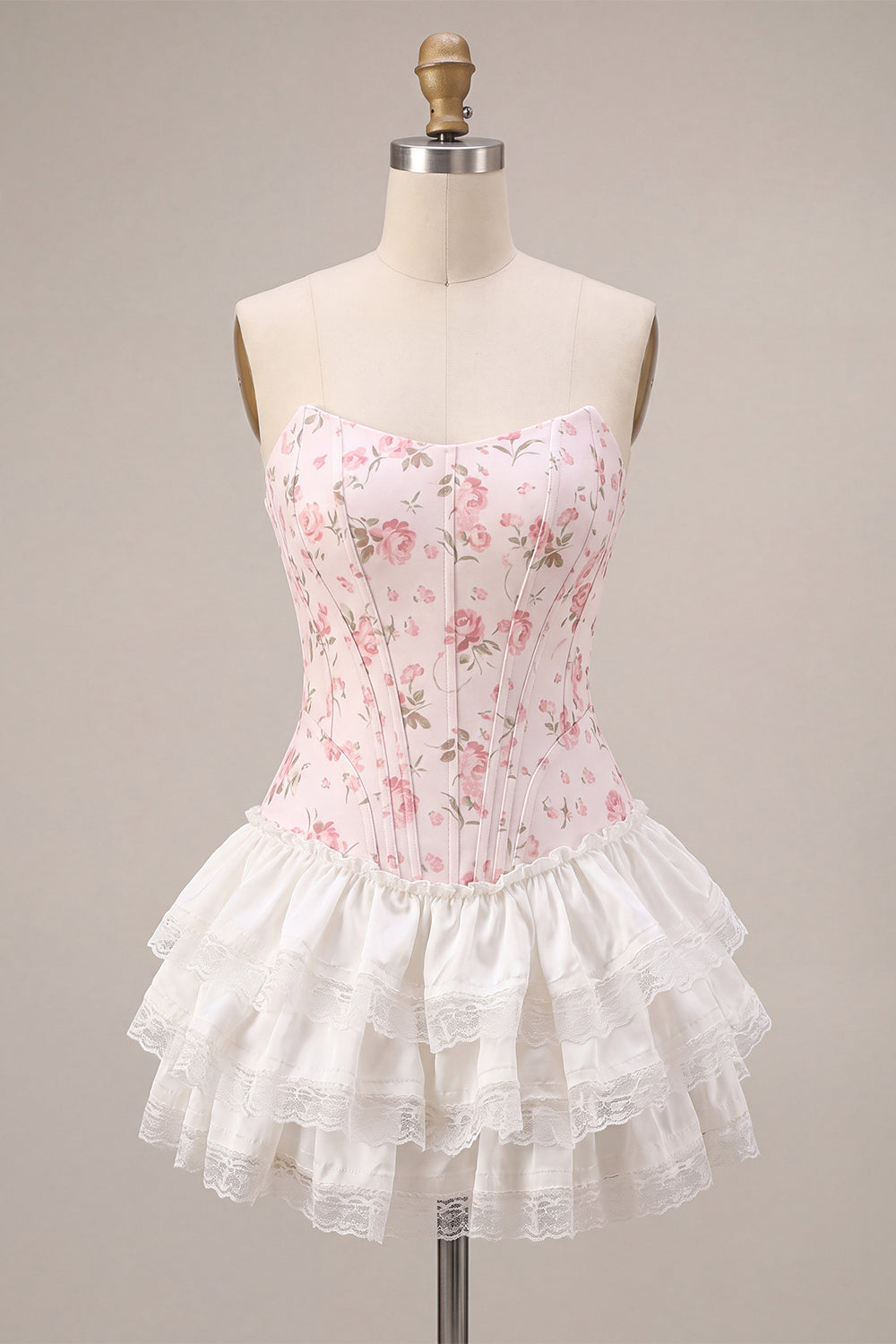White Pink Flower Corset Strapless Short Homecoming Dress