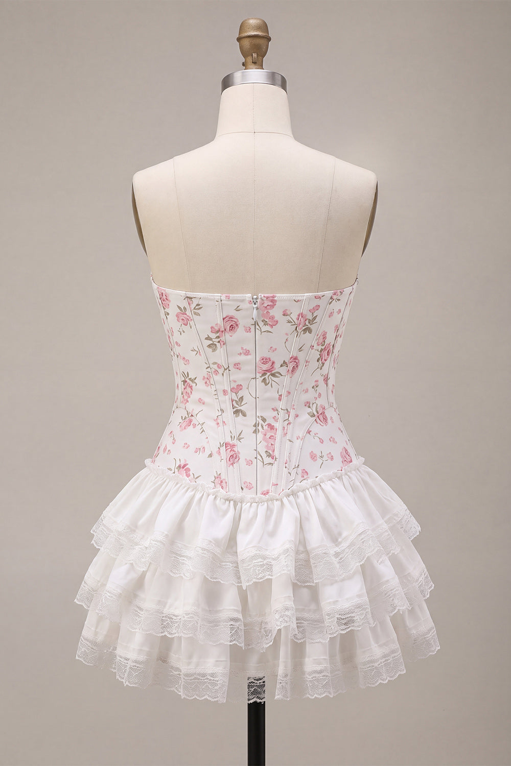 White Pink Flower Corset Strapless Short Homecoming Dress