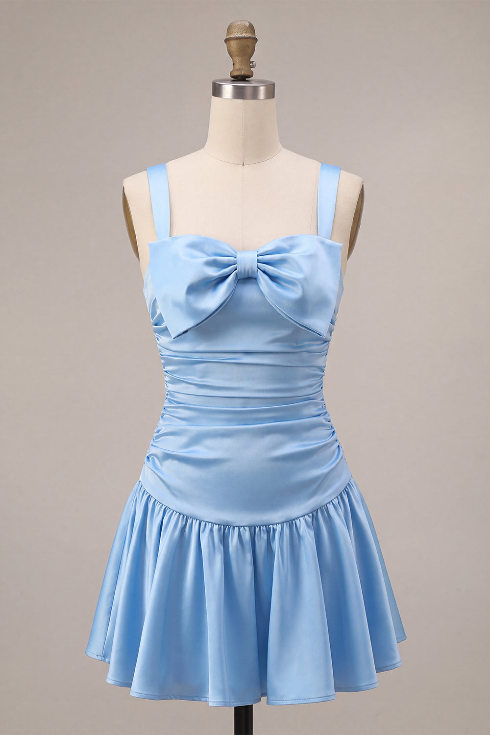 Sky Blue A Line Satin Ruched Short Homecoming Dress with Bow
