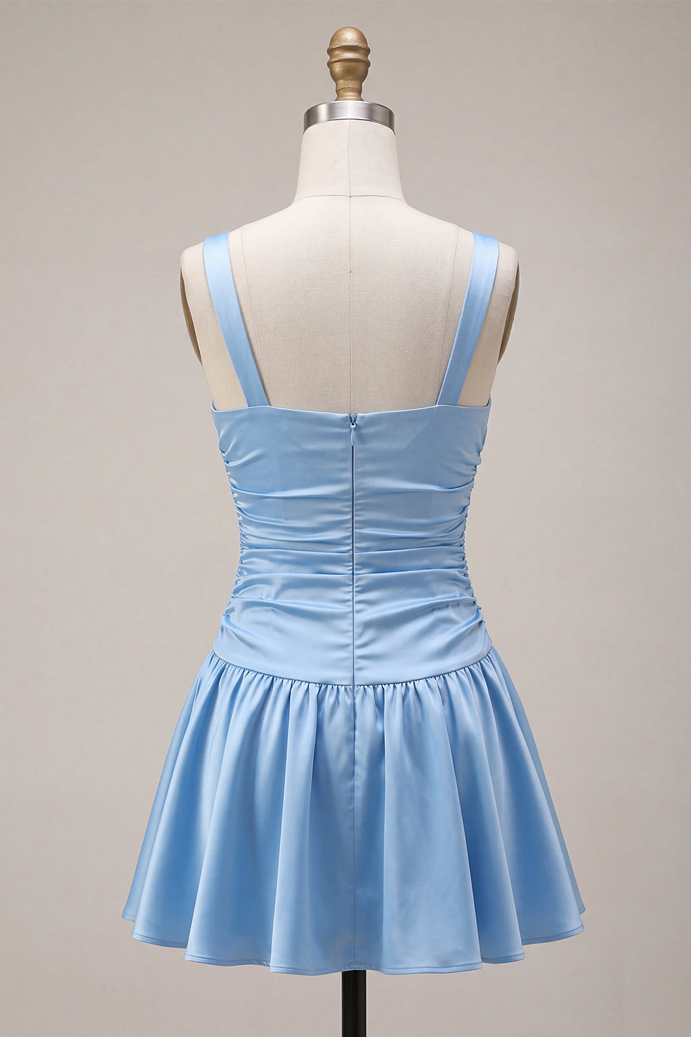 Sky Blue A Line Satin Ruched Short Homecoming Dress with Bow