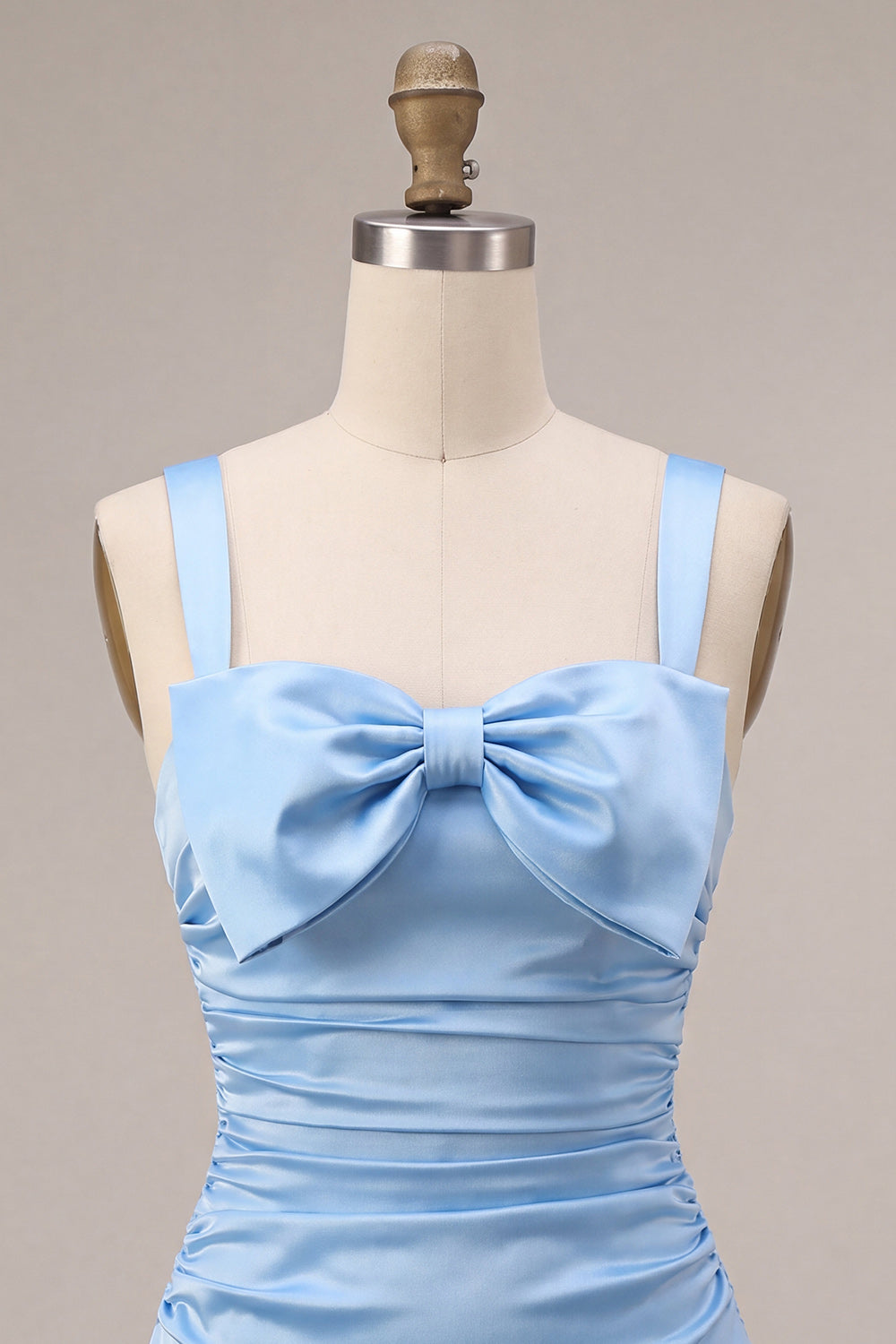 Sky Blue A Line Satin Ruched Short Homecoming Dress with Bow