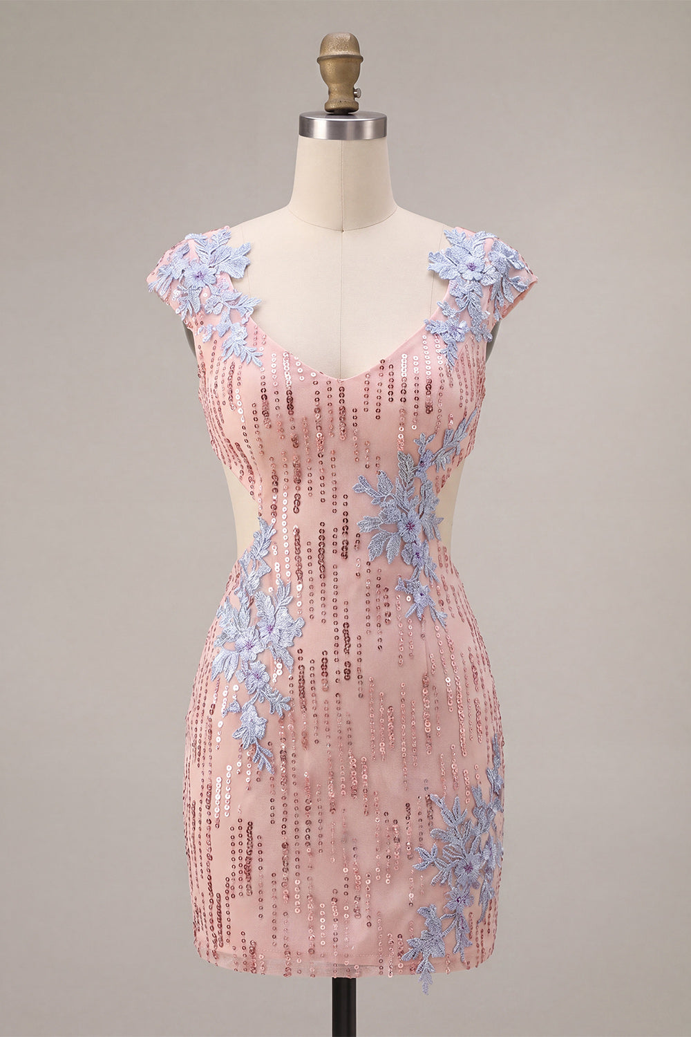 Pink Sparkly Appliqued Sequin Tight Short Homecoming Dress with Sleeves