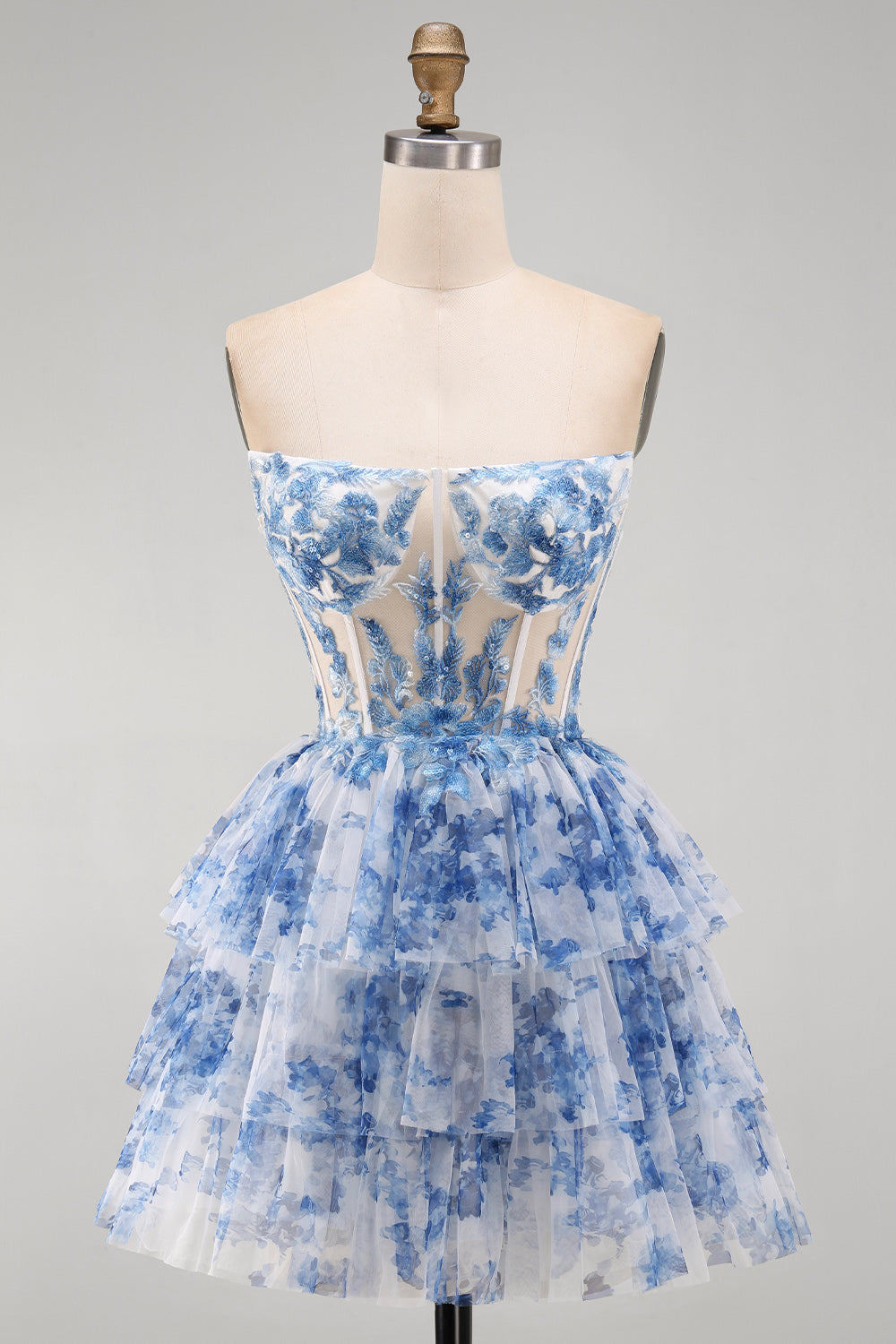 White Blue Flower Strapless Tiered Ruffled Corset Short Homecoming Dress