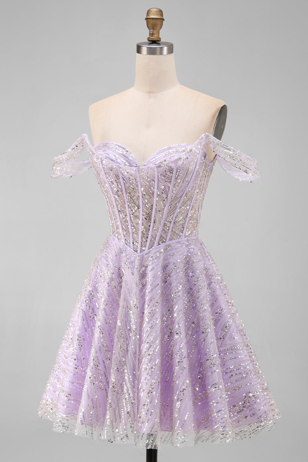 Sparkly Lilac Sequins Short Off the Shoulder Corset Homecoming Dress