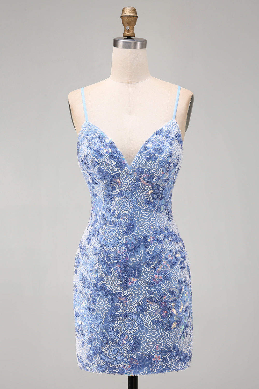 Sparkly Blue Spaghetti Straps Beaded Short Tight Homecoming Dress