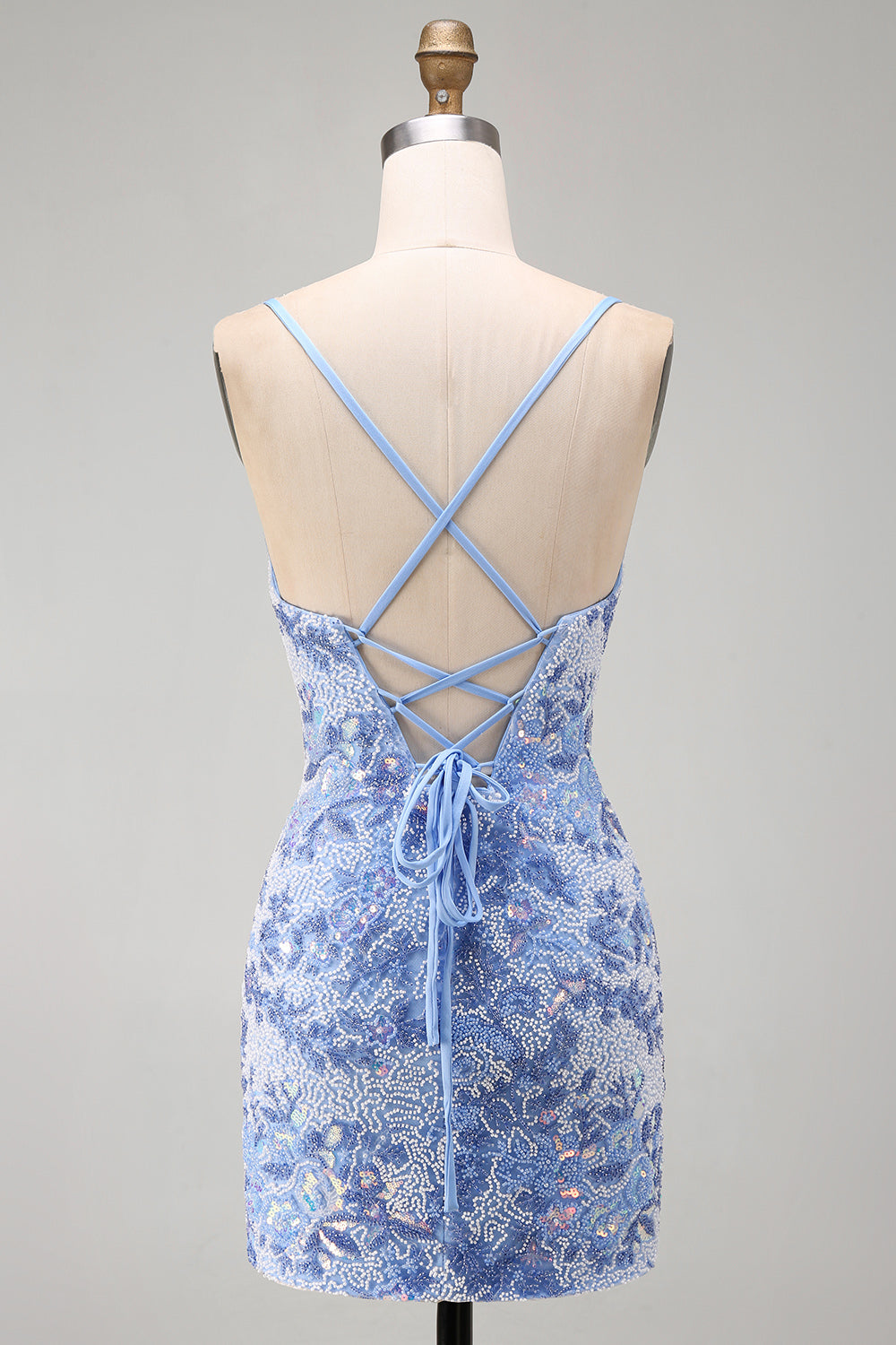Sparkly Blue Spaghetti Straps Beaded Short Tight Homecoming Dress