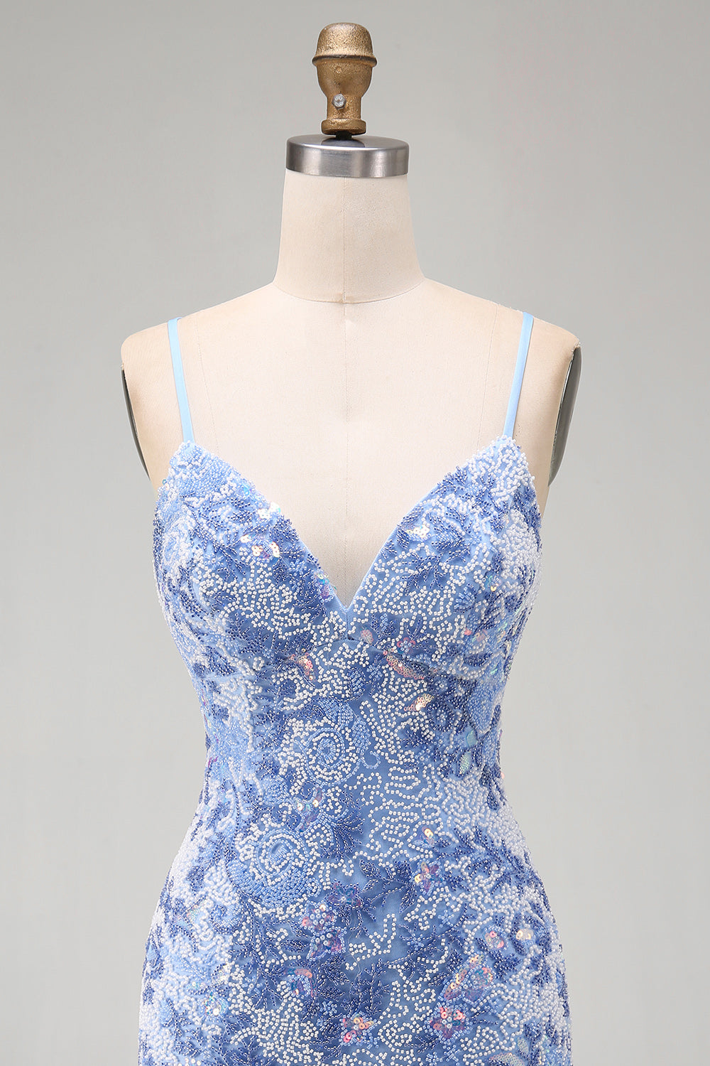 Sparkly Blue Spaghetti Straps Beaded Short Tight Homecoming Dress