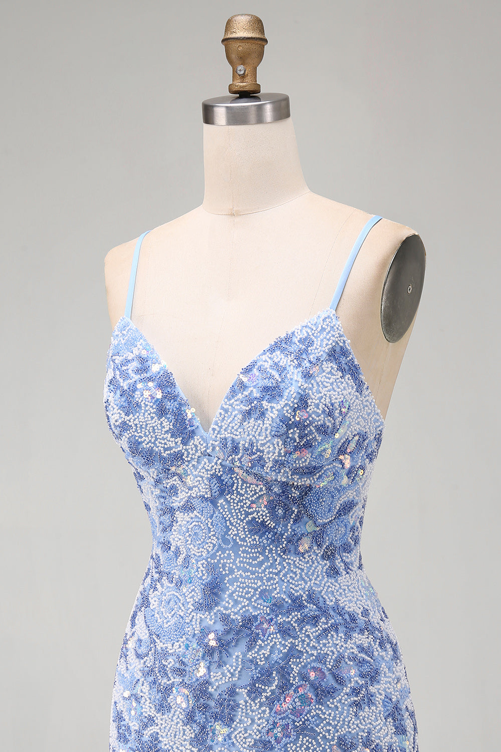 Sparkly Blue Spaghetti Straps Beaded Short Tight Homecoming Dress