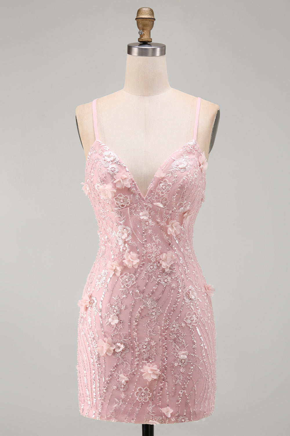 Pink Short Tight V-Neck Beaded Homecoming Dress with 3D Flower
