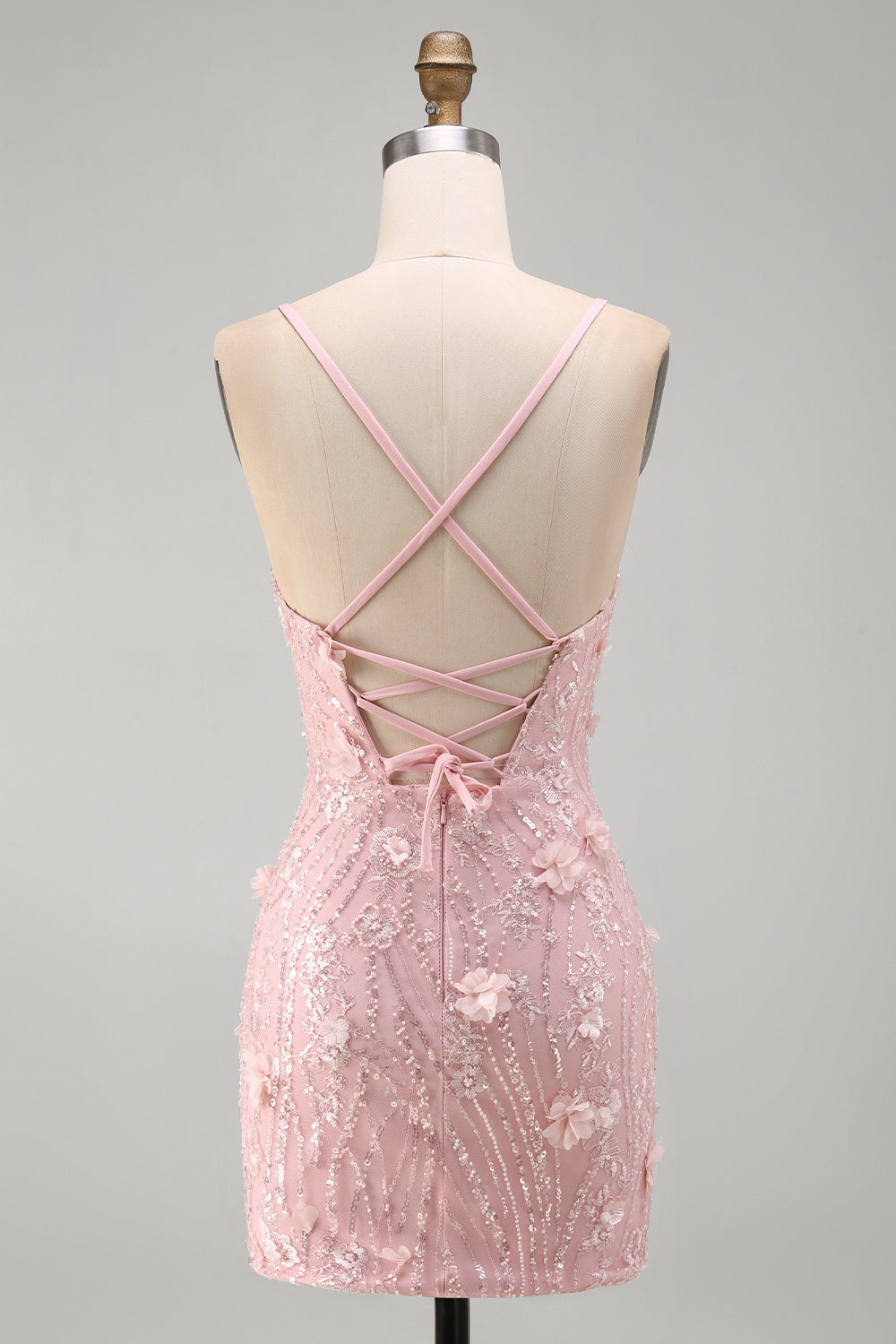 Pink Short Tight V-Neck Beaded Homecoming Dress with 3D Flower