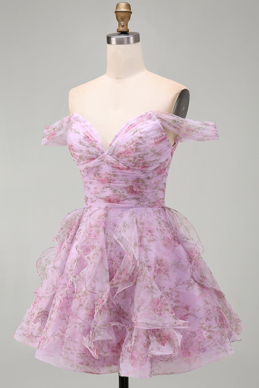 Lilac Short Floral A-Line Ruched Homecoming Dress with Ruffles