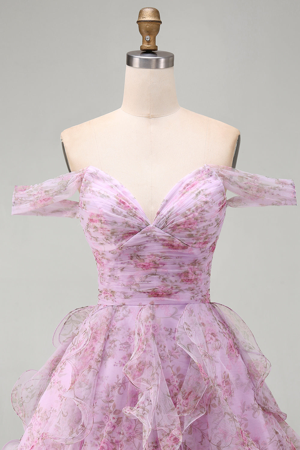 Lilac Short Floral A-Line Ruched Homecoming Dress with Ruffles