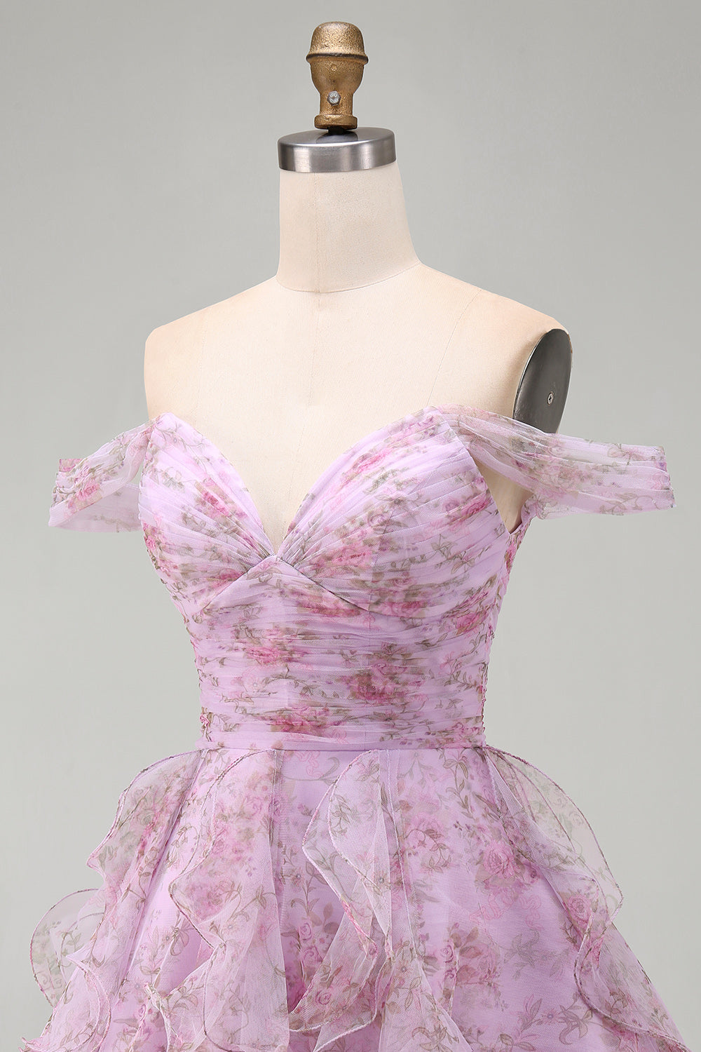 Lilac Short Floral A-Line Ruched Homecoming Dress with Ruffles
