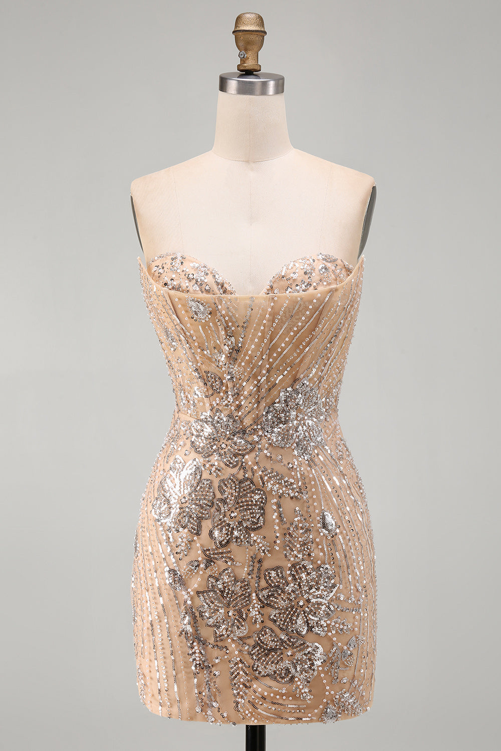 Sparkly Floral Champagne Tight Sequins Short Corset Homecoming Dress