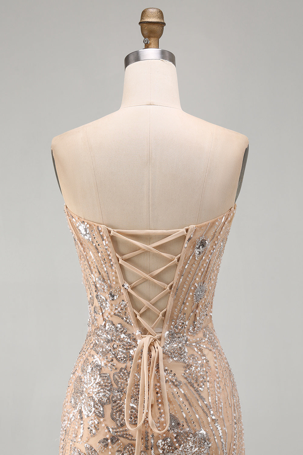 Sparkly Floral Champagne Tight Sequins Short Corset Homecoming Dress