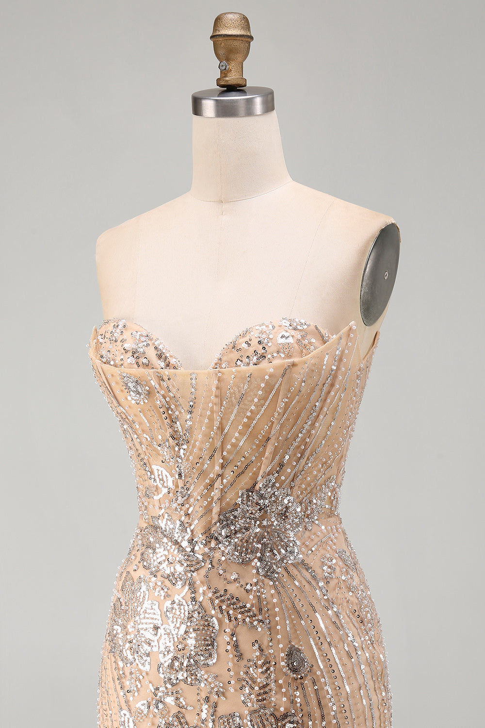 Sparkly Floral Champagne Tight Sequins Short Corset Homecoming Dress