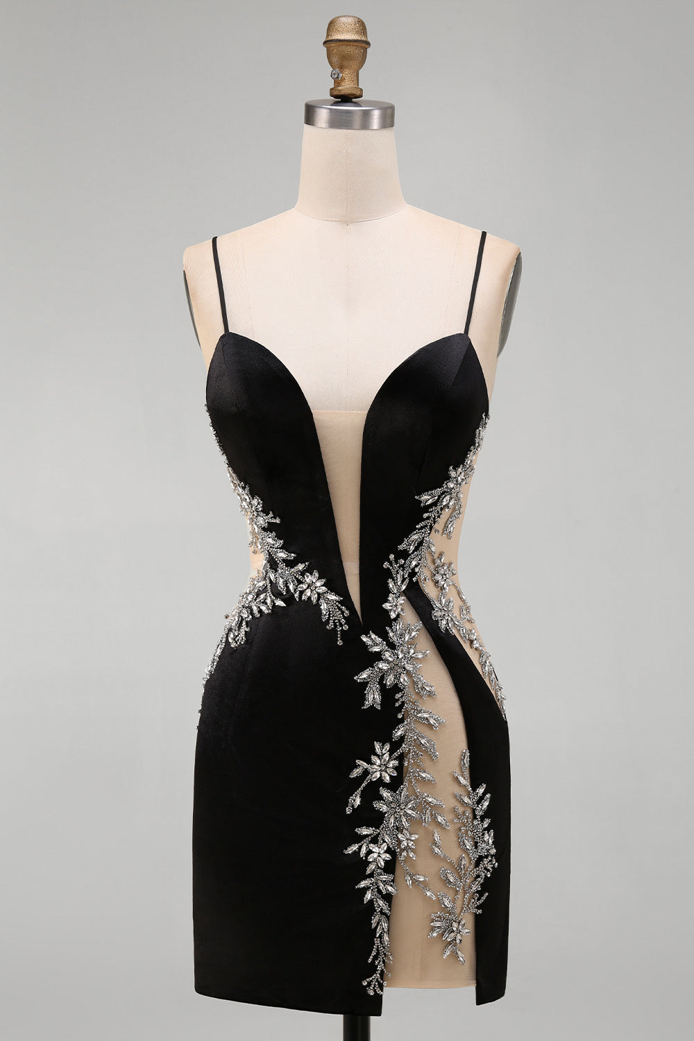 Black Floral Tight Short Cut Out Homecoming Dress with Rhinestone