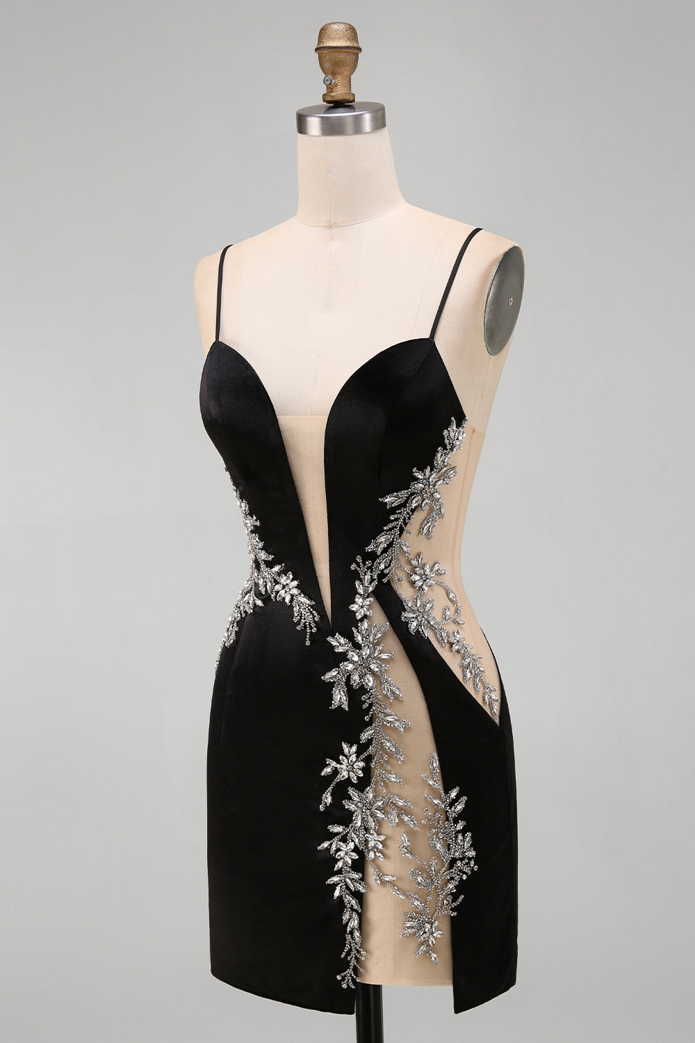 Black Floral Tight Short Cut Out Homecoming Dress with Rhinestone