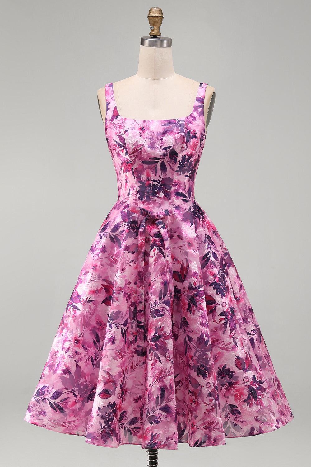 Floral Fuchsia A-Line Square Neck Printed Short Homecoming Dress with Bow