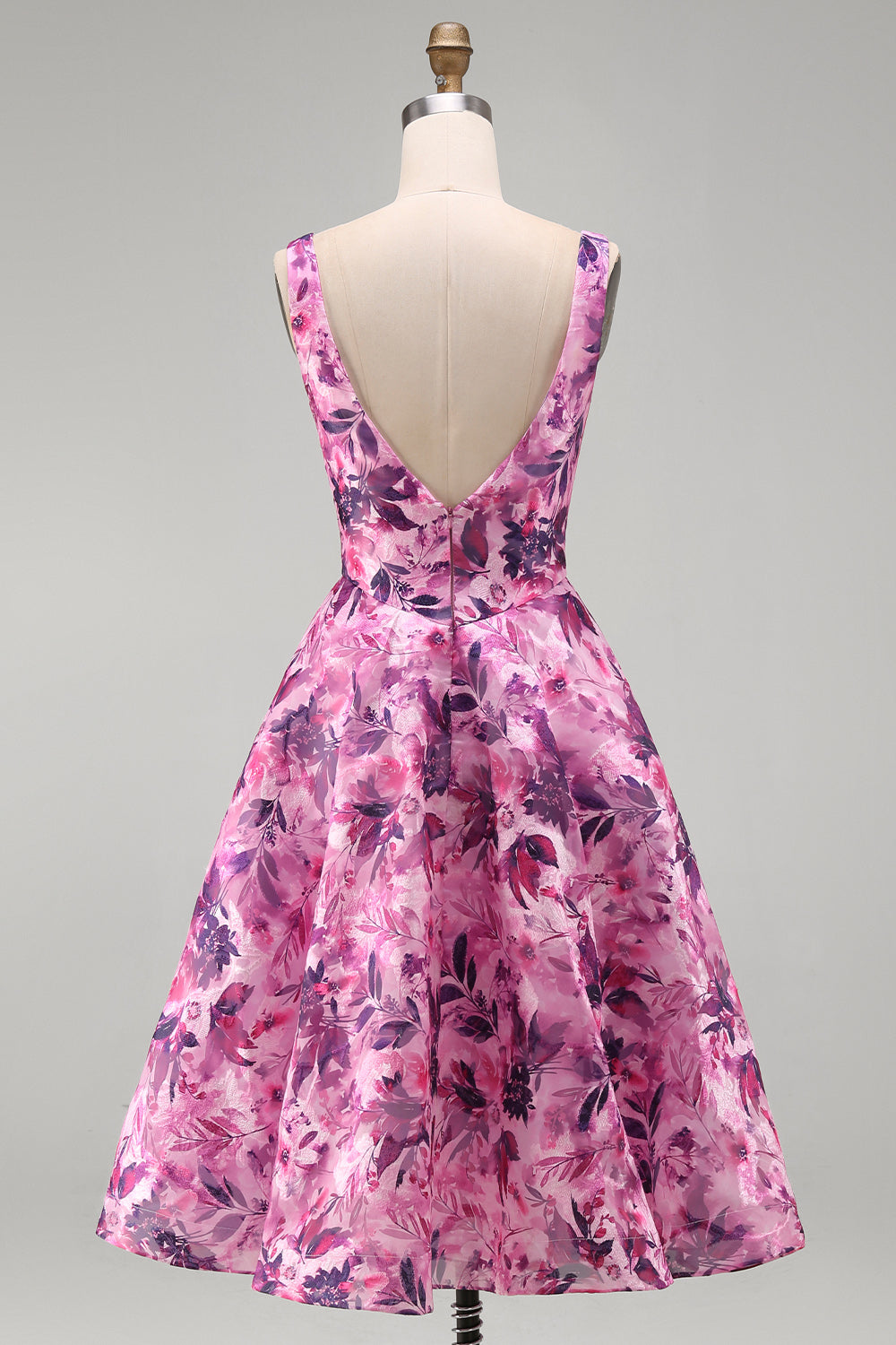Floral Fuchsia A-Line Square Neck Printed Short Homecoming Dress with Bow
