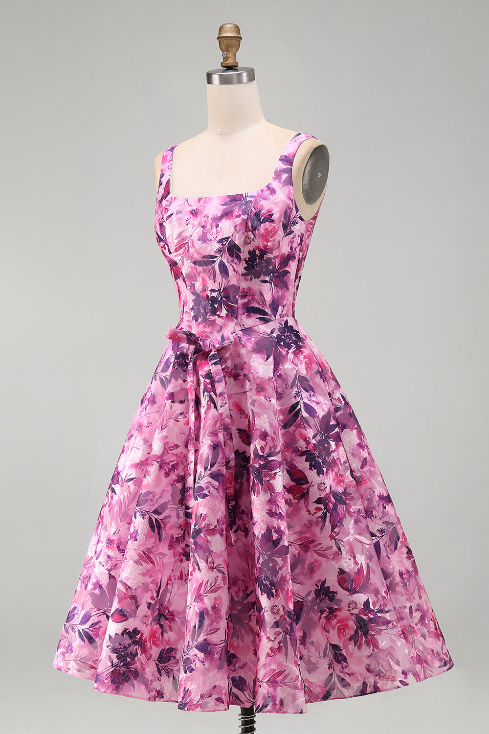 Floral Fuchsia A-Line Square Neck Printed Short Homecoming Dress with Bow