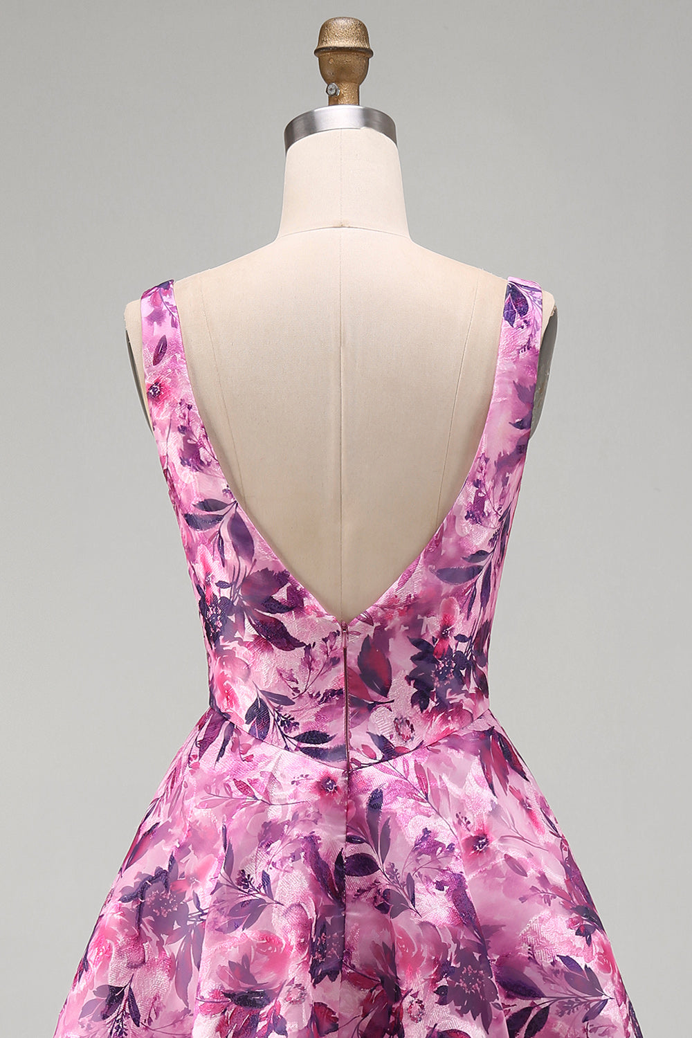 Floral Fuchsia A-Line Square Neck Printed Short Homecoming Dress with Bow