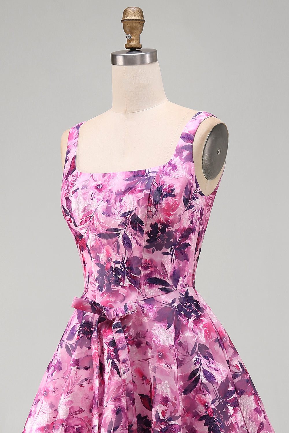Floral Fuchsia A-Line Square Neck Printed Short Homecoming Dress with Bow