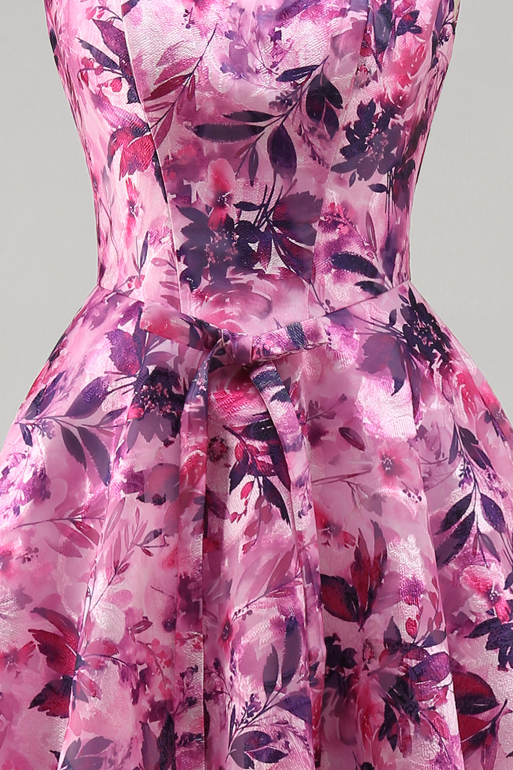 Floral Fuchsia A-Line Square Neck Printed Short Homecoming Dress with Bow